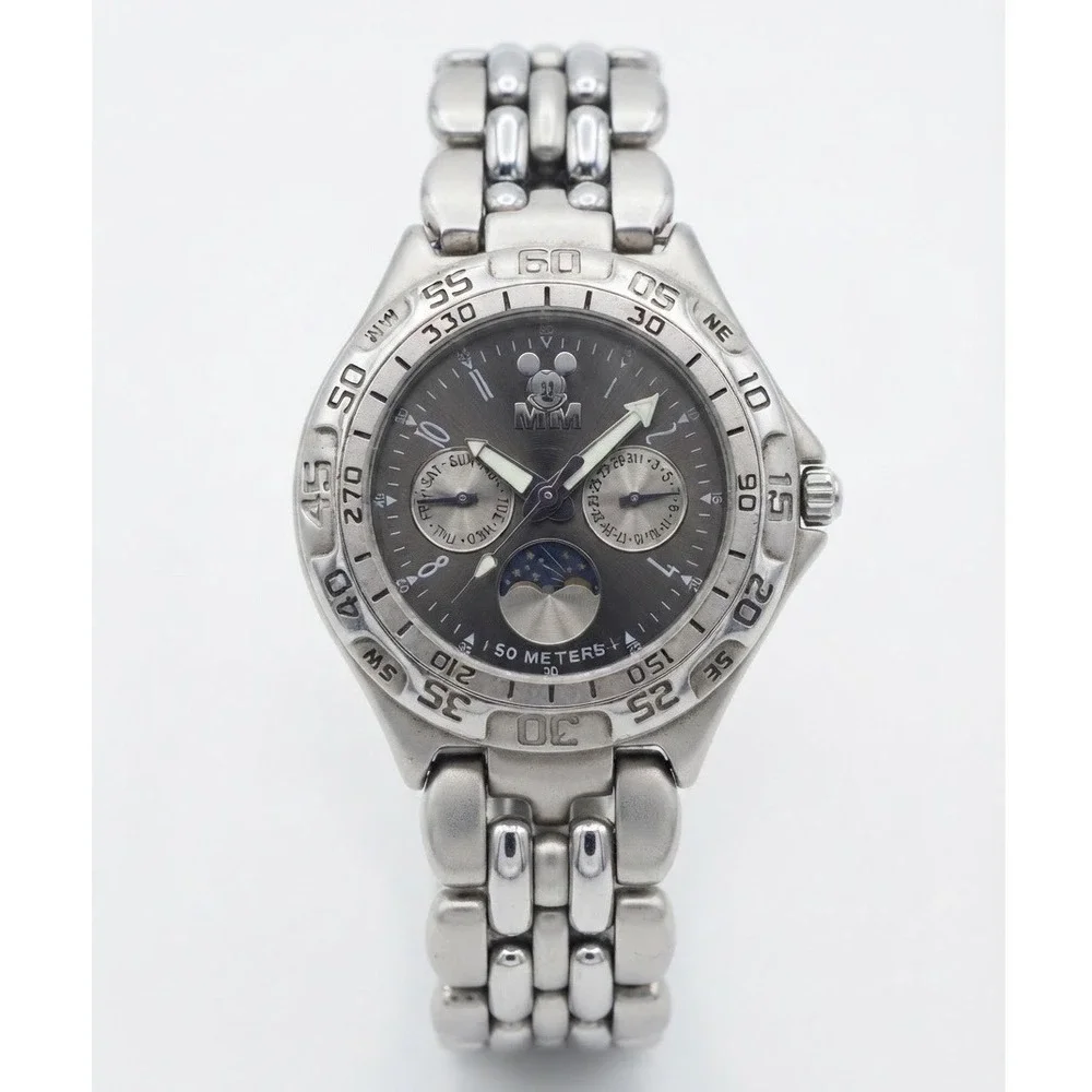 Disney Store Mickey Mouse Moonphase Watch Gray Dial Day Date Stainless Steel 50M